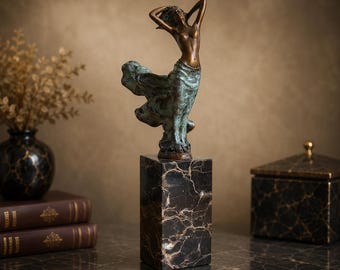 Art Deco Bronze Dancer Statue – Elegant Female Sculpture on Marble Base – Signed Bronze Figurine – Vintage Style Home Decor – Collector Gift