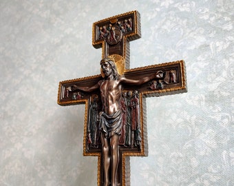San Damiano Crucifix on Stand, Home Altar Crucifix Sculpture Statue Figure Religious Gift Decor