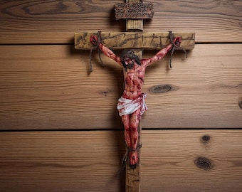 Passion Crucifix  19.7 in/ 50cm- Classic Cross Catholic Interior Decor - Realistic Crucifix Jesus - Hand Carved Cross Walnut Color