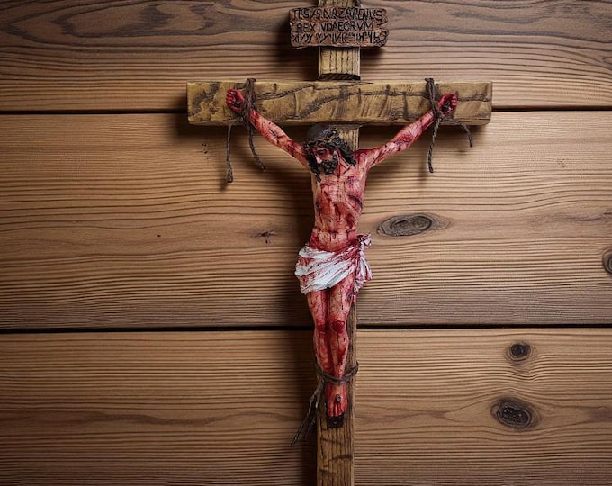 Passion Crucifix  19.7 in/ 50cm- Classic Cross Catholic Interior Decor - Realistic Crucifix Jesus - Hand Carved Cross Walnut Color