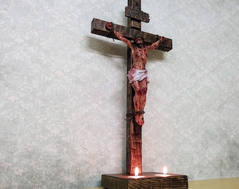 Handmade Passion Crucifix: Ash Wood Cross with Resin Christ Figurine