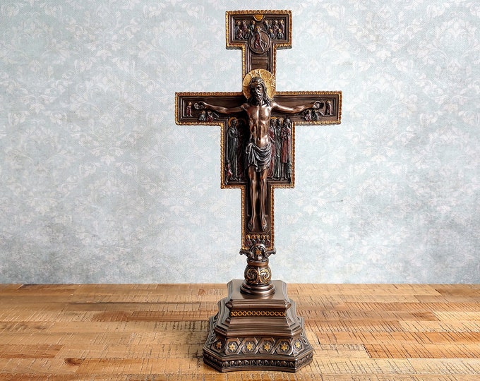 San Damiano Crucifix on Stand, Home Altar Crucifix Sculpture Statue Figure Religious Gift Decor