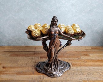 The Nymph Platter - Decorative Tray - Stand for Jewellery - Lady with Later Lily Candy Dish Cast Resin and Bronze Coated Statue.