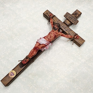 Passion Crucifix with Mary's Heart and Seven Swords - Classic Cross Catholic Interior Decor - Realistic Crucifix Jesus