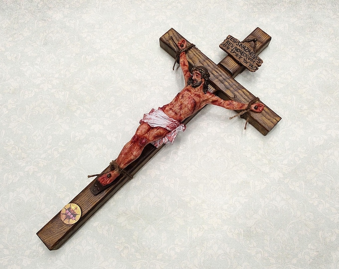 Passion Crucifix with Mary's Heart and Seven Swords - Classic Cross Catholic Interior Decor - Realistic Crucifix Jesus
