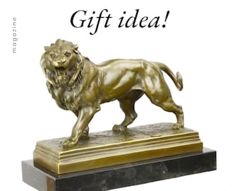 Escultura de león de bronce - Estatua moderna sobre base de mármol, regalo de diseño de interiores