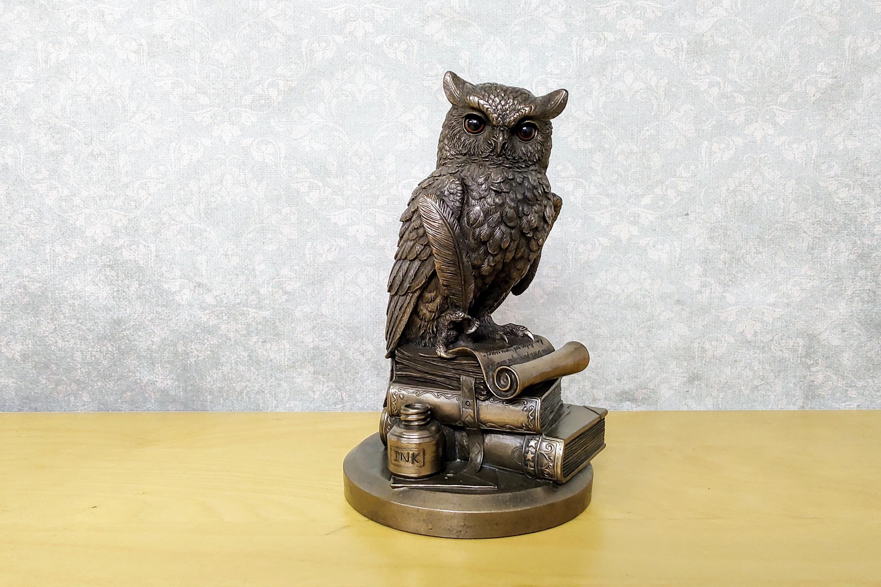 Owl of Athena - Owl Figurine Sitting on Books Scholar Wisdom Statue Study Room Decor Gift for Teache