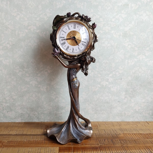 French Art Nouveau Style Table Clock - Woman with Water Lilies - Desk Clock Sculpture