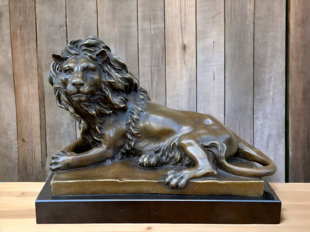 Bronze Lying Lion Statue on Marble Base Majestic African Art Etsy