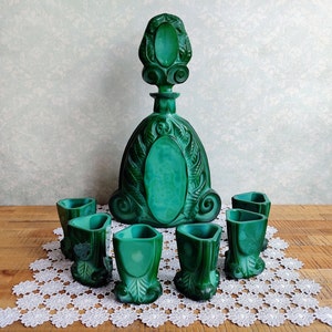 Vintage Art Deco Malachite Glass Decanter Set: Bohemian Shot Glasses