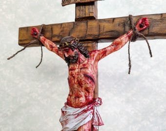 Realistic Crucifix Christ Wound For Meditation, 19.7" Wall Cross, Domestic Altar, Catholic Gift, Passion Crucifix, Handmade Wooden Cross