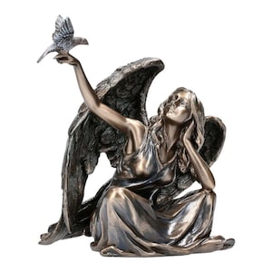Angel with Dove on Hand - Sitting Angel Figurine with Fine Details - Catholic Gift Religious Table Desk Decor