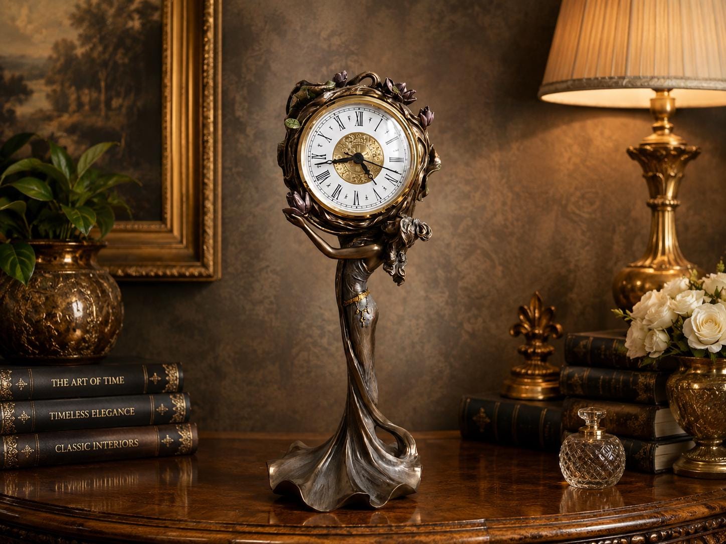 アンティーク雑貨 Kare Design Table Clock French Art Nouveau Style Table Clock - Woman With Water Lilies