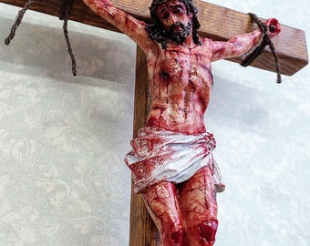 Passion Crucifix - Realistic Christ Wound, Ash Wood Cross and Cold Cast Resin Figurine Set