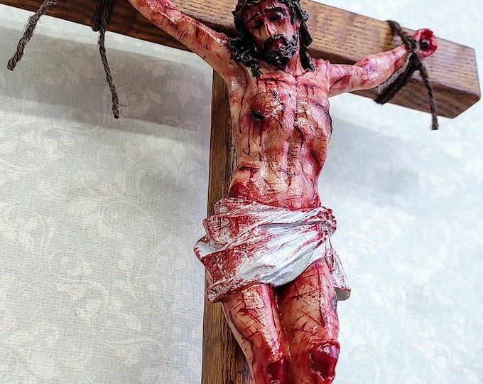 Passion Crucifix - Realistic Christ Wound, Ash Wood Cross and Cold Cast Resin Figurine Set