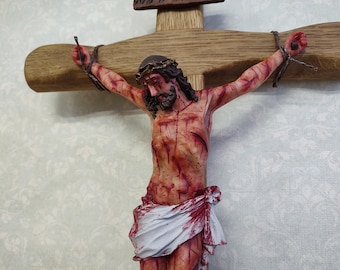 Passion Crucifix: Realistic Wood Christ - Realistic Christ Wound, Oak Wood Cross and Cold Cast Resin Figurine Set