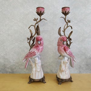 Porcelain Ormolu Candle Holders Pair – Pink Cockatoo Bird Floral Candelabra – Style of  French Rococo Home Decor – Romantic Gift