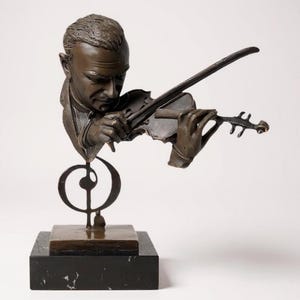 Bronze Violinist Bust: Musician Sculpture on Marble Base