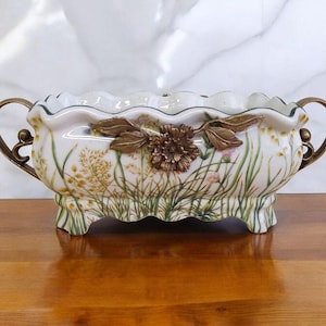 Porcelain Floral Bowl with Bronze Handles - Elegant Home Decor - Porcelain Bowl