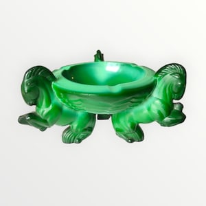 Schlevogt Czech Art Deco Malachite Glass Ponies Pegasus Ashtray Artur Pleva Curt Schlevogt Malachite Green Rearing Horses Art Deco Ashtray