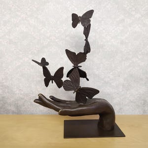 Hand Unleashing Butterflies Bronze Sculpture, Luxury Art Decor, Signed Antoinette