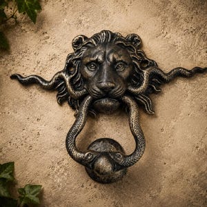 May include: A dark metallic door knocker featuring a sculpted lion head with a detailed mane. Two intertwined snakes extend from the sides of the lion's head, and their tails form the circular handle of the knocker, meeting at a central point.