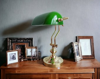 Adjustable Banker Lamp with Gold Finish, Polished Brass, Art Deco Style, Green Shade - Perfect Desk Lamp for Office with Timeless Elegance