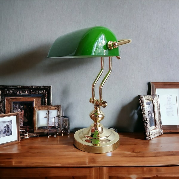 Lampada da banchiere regolabile con finitura oro, ottone lucido, stile Art Déco, paralume verde - Lampada da scrivania perfetta per l'ufficio dall'eleganza senza tempo