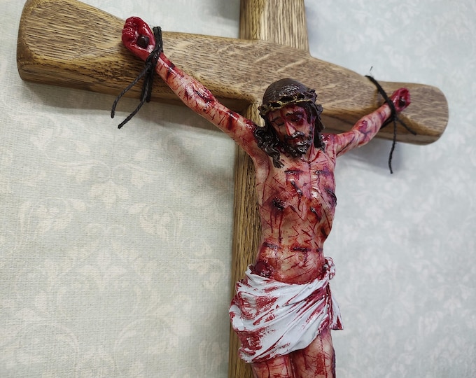 Passion Crucifix: Realistic Wood Christ - Realistic Christ Wound, Oak Wood Cross and Cold Cast Resin Figurine Set