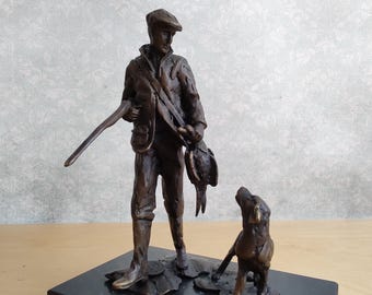 Hunter and Hound Hunting Bronze Figurine: Archibald Thorburn Style
