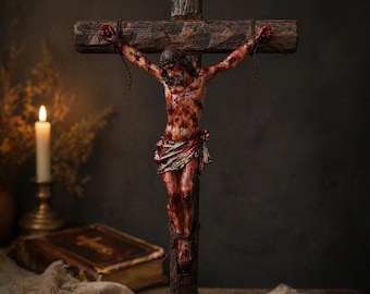 La Pasión de Cristo 19.7 Crucifijo gótico eslavo 50 cm - Cruz rústica de madera hecha a mano, arte mural católico, decoración religiosa de estilo ortodoxo