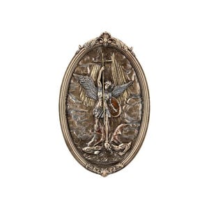 Erzengel Michael Wand-Dekor Bronze-Style Medaillon mit Schwert und Satan Relief