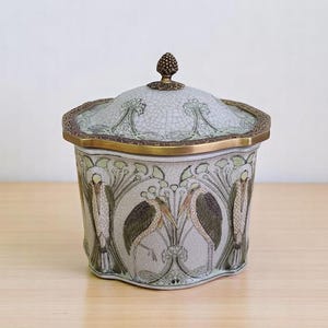 Art Nouveau Porcelain Trinket Box: Bronze Mounted Floral Stork Decor