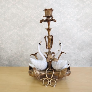 Ornate Candlestick Decorated with Three Swans -  Elegant Bronze and Porcelain Candelabra - Unique Candlestick - Luxury Home Decor
