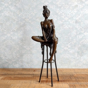 Bronze Female on Barstool Sculpture Bronze Female Figurine Pierre Collinet Bronze Sculpture Art Nouveau Female Collectable Enticing Woman