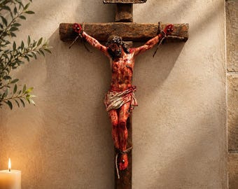May include: A wall-mounted wooden crucifix featuring a detailed figure of Jesus with a crown of thorns, bound to the cross with ropes. A small wooden sign at the top displays the text 'JESUS NAZARENUS REX IUDAEORUM' in raised, weathered lettering.