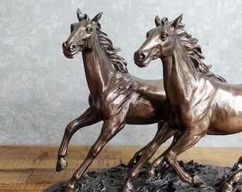 Running Horses Couple Bronze Finish Sculpture - Home Décor Statue