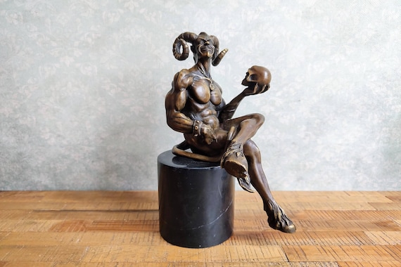 Bronze Satyr Holding Skull Sculpture: Signed Greek Mythology Art
