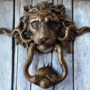 Cast Iron Lion and Snake Door Knocker Large Lion Head Door Knockers for Front Door Front Porch Animal Decor Vintage Style Door Knocker