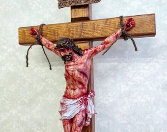 Passion Crucifix - Realistic Christ Wound, Ash Wood Cross and Cold Cast Resin Figurine Set