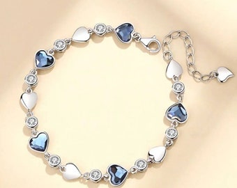 925 Sterling Silver Crystal Love Heart Linked Charm Bracelet Women Jewellery UK