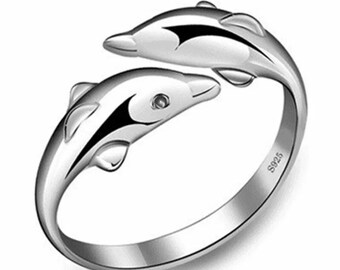 Womens Girls Dolphin Hug Adjustable Ring 925 Sterling Silver Jewellery Gift