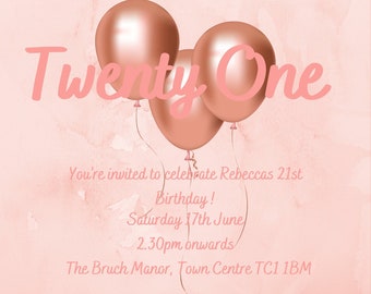 Pink Marble Birthday Party Invitation| 21st Birthday | Canva Template | Digital Invite | Mobile, Text, Email Invite