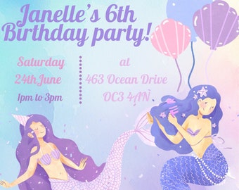 Mermaid Rainbow Birthday Party Invitation | Digital Invite | Canva Template | Mobile, Text, Email Invite