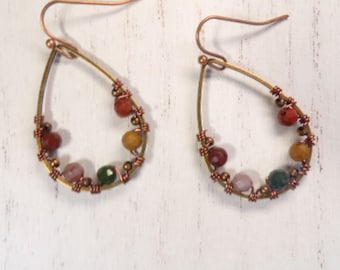 Pendientes de lágrima de jaspe oceánico y latón, pendientes bohemios, joyería de piedra