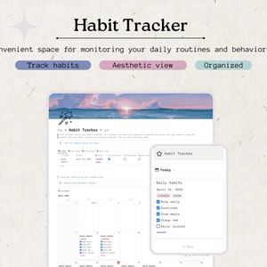 May include: A screenshot of a website for a habit tracker. The website has a light blue background with a sunset and ocean scene. The website has a calendar view and a list of daily habits. The daily habits include "Rise early", "Cook meals", "Sleep well", and "Daily journal".