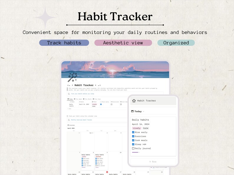 May include: A screenshot of a website for a habit tracker. The website has a light blue background with a sunset and ocean scene. The website has a calendar view and a list of daily habits. The daily habits include "Rise early", "Cook meals", "Sleep well", and "Daily journal".