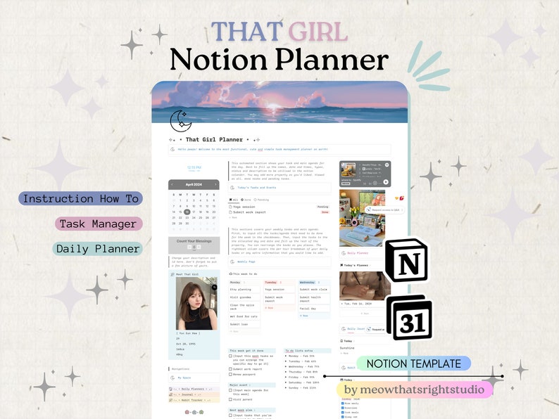 May include: A screenshot of a Notion planner template with the title "That Girl Planner". The template includes a calendar, task manager, daily planner, and a section for tracking blessings. The template is designed to help users stay organized and productive.