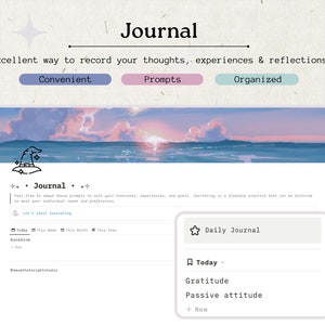 May include: A digital journal app with a sunset and ocean background. The app features a wizard hat icon and the text "Journal" and "Let's start journaling". The app also has a daily journal section with the text "Today", "Gratitude", and "Passive attitude".