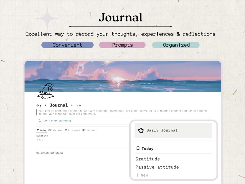 May include: A digital journal app with a sunset and ocean background. The app features a wizard hat icon and the text "Journal" and "Let's start journaling". The app also has a daily journal section with the text "Today", "Gratitude", and "Passive attitude".